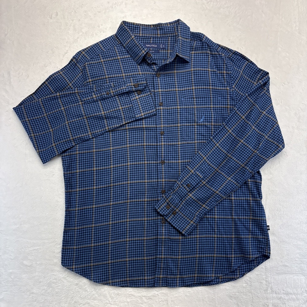 NAUTICA Button Down Shirt Mens XL Blue Plaid Long Sleeve